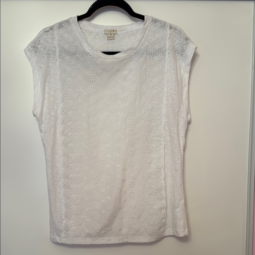 J. Crew White Lace Muscle Tee with Cap Sleeves